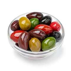 Glass bowl with a variation of different olives close up for a snack isolated on white background 