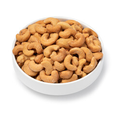 White bowl with with salted cashew nuts close up isolateds on white background 