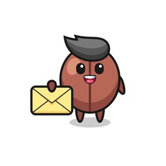 cartoon illustration of coffee bean holding a yellow letter