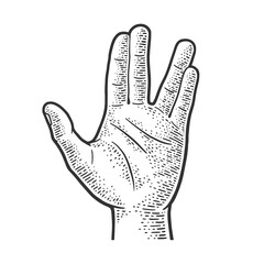 Vulcan salute hand gesture line art sketch engraving vector illustration. T-shirt apparel print design. Scratch board imitation. Black and white hand drawn image.