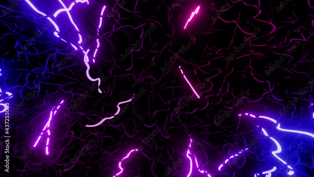 Poster 3d abstract looped background with neon light, multicolored flashes of light bulbs of unusual shapes