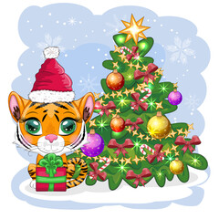 Cartoon tiger in a hat and scarf with a gift near the Christmas tree. Winter time. Children's style, sweetheart. Happy New Year 2022 and Merry Christmas.