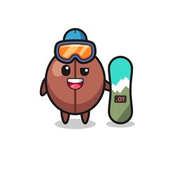 Illustration of coffee bean character with snowboarding style