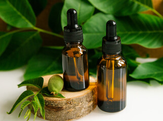 Two glass bottles of walnut oil on a piece of wood. Cosmetic and medical product. Skin and hair care.