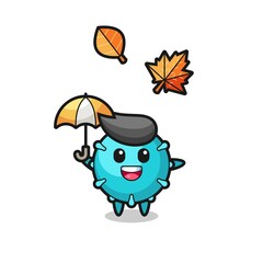 cartoon of the cute virus holding an umbrella in autumn