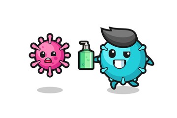 illustration of virus character chasing evil virus with hand sanitizer