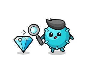 virus mascot is checking the authenticity of a diamond