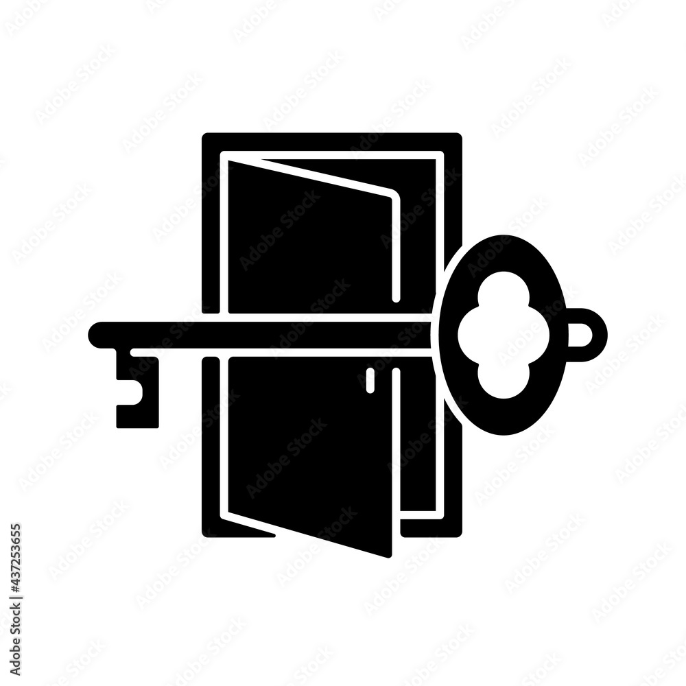 Poster finding key to get out black glyph icon. gain access to open door. solving puzzles, clues for riddle