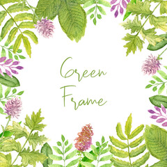 Green watercolor square flower and leaf frame