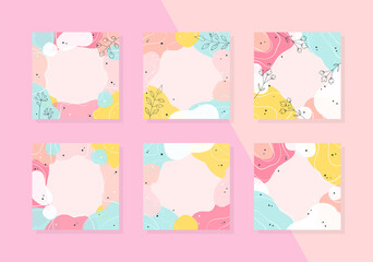 Abstract summer backgrounds. Set of colorful square templates decorated with floral elements and organic shapes. Suitable for social media posts, mobile apps and banners design. Vector 10 EPS.