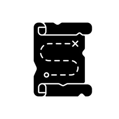 Map black glyph icon. Searching for pirate treasure. Marked pathway on vintage scroll. Clues for riddles. Part of quest. Escape room. Silhouette symbol on white space. Vector isolated illustration