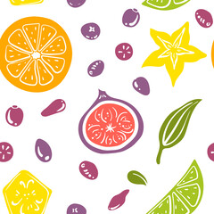 Seamless pattern with lime, banana, fig, star fruit and berries. Colorful paper cut collection of fruits and berries isolated on white background. Doodle hand drawn fruits. Vector illustration