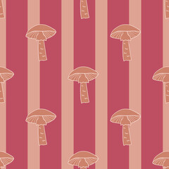 Orange contoured mushrooms ornament seamless doodle pattern. Pink striped background. Forest print.