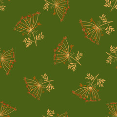 Fototapeta na wymiar Organic meadow seamless pattern with random wild yarrow ornament. Green olive background. Botany print.