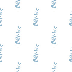Isolated seamless botanic pattern with doodle eucalyptus blue silhouettes. Isolated herbal branches shapes.