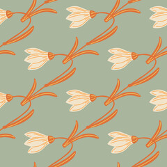 Orange colored bluebell ornament seamless pattern in hand drawn style. Pastel turquoise background.