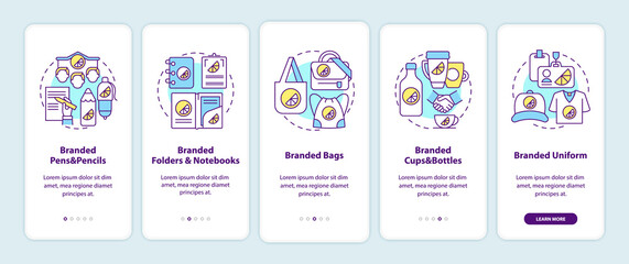 Corporate branding materials onboarding mobile app page screen with concepts. Branded bags, pens walkthrough 5 steps graphic instructions. UI, UX, GUI vector template with linear color illustrations