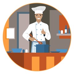 Smiling chef in cook uniform with ladle and saucepan in the kitchen. Vector illustration.
