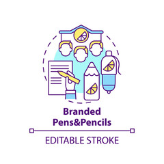 Branded pens and pencils concept icon. Corporate branding material abstract idea thin line illustration. Promoting business logo and slogan. Vector isolated outline color drawing. Editable stroke