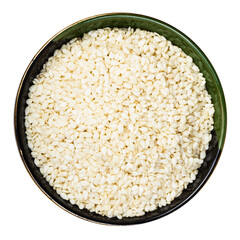 white sesame seeds in round bowl isolated