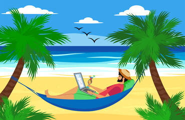 Obraz na płótnie Canvas Man lying on a hammock with a laptop with a tropical cocktail. Freelancer and palms, remote work