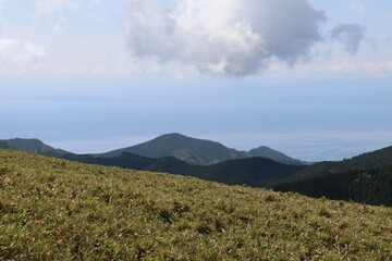 伊豆山稜歩道の風景。伊豆の山々の尾根道を歩くコース。伊豆の高原、山々を眺めを楽しみながらのウオーキング。　風早峠からの景色。	
