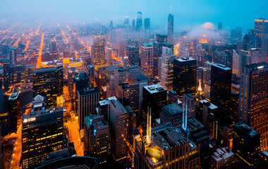 Plakat Aerial view of Chicago downtown skyline at night, Chicago, Illinois, USA