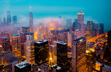  Aerial view of Chicago downtown skyline at night, Chicago, Illinois, USA