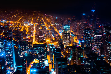 Fototapeta na wymiar Aerial view of Chicago downtown skyline at night, Chicago, Illinois, USA