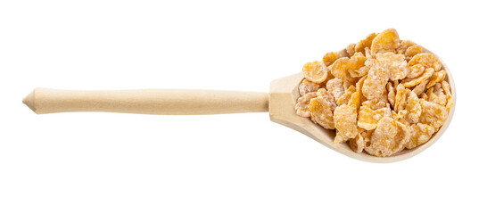 wooden spoon with sugar coated cornflakes isolated