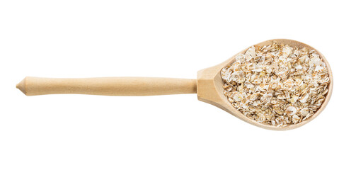 wooden spoon with raw four cereal flakes isolated