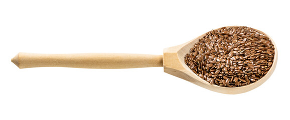 wooden spoon with brown flax seeds isolated