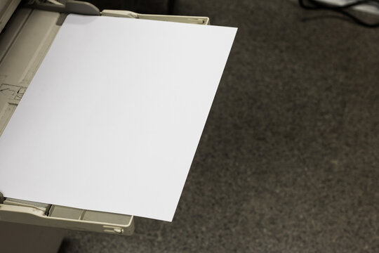 Close-up white paper sheets on the printer in office.