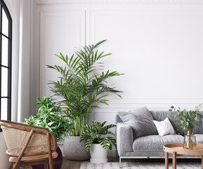 farmhouse interior living room, empty wall mockup in white room with gray sofa, wooden furniture and green plant, 3d render	