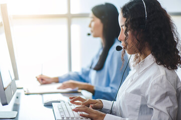 Young friendly operator woman agent with headsets. Beautiful business woman wearing microphone...