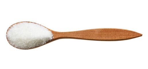 top view of refined sugar in wood spoon isolated