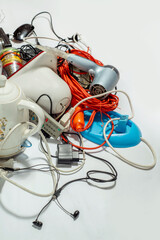 Lots of old electrical appliances for recycling e-waste. Sustainable living concept. Space for text...