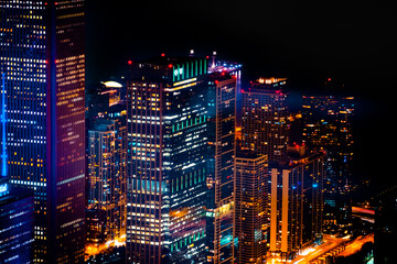 Chicago, Illinois, USA -   Aerial view of Chicago downtown skyline at night, USA