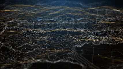 Digital dark orange landscape particle.3D Rendering.
