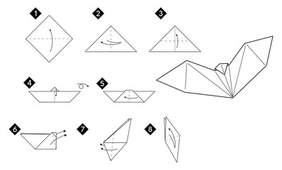  How to make origami  bat. Step by step paper DIY instruction. Vector monochrome black line illustration. - obrazy, fototapety, plakaty