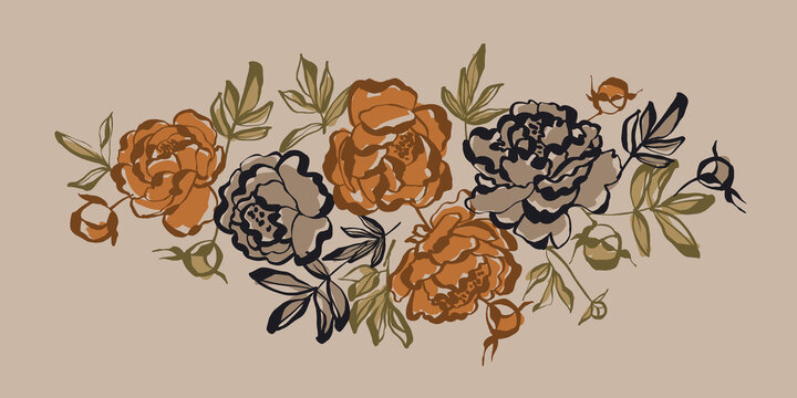 Peony flowers vector illustration in earthy colors