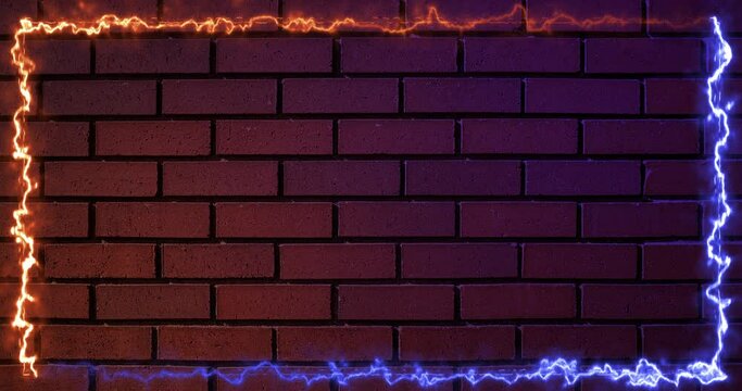 Lightning Neon Energy border frame  on a brick wall background. Digital technology effect duotone line -  animation loop. 4K Video 