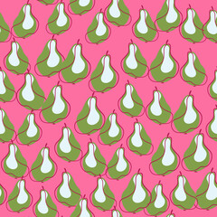Green little random contoured abstract pear seamelss pattern. Pink bright background. Modern ornament.