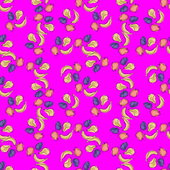 Abstract harvest summer seamless pattern with little bananas, apples, plums and pears. Pink background.