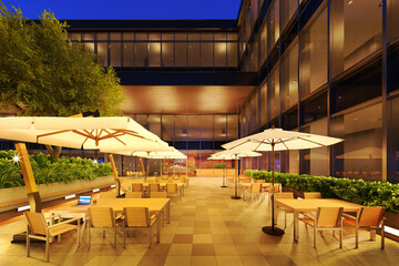 ライトアップされた屋上テラスの3Dレンダリンググラフィックス / 屋外のリモートワーク ・コワーキングテラス・夜のルーフガーデンのコンセプトイメージ