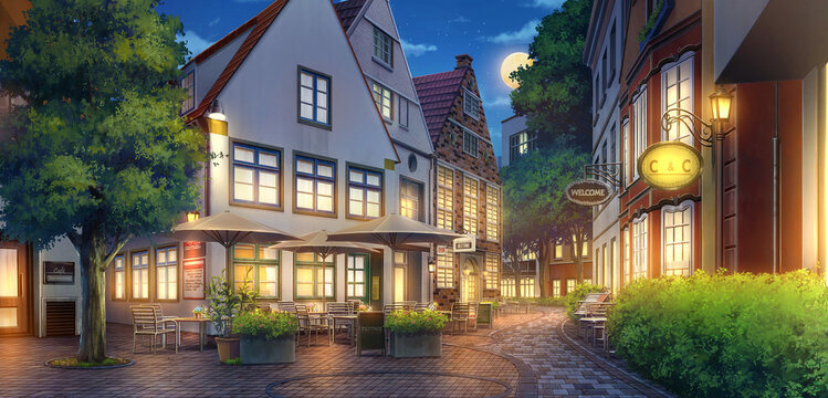 2D Illustration of Schnoor at the Nighttime, Anime background.	
