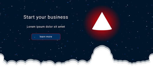 Business startup concept Landing page screen. The cone symbol on the right is highlighted in bright red. Vector illustration on dark blue background with stars and curly clouds from below