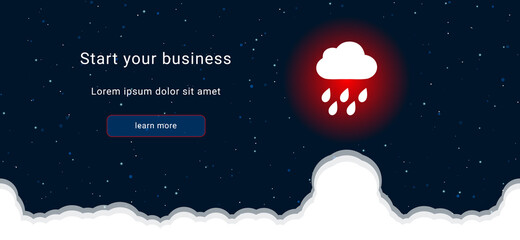 Business startup concept Landing page screen. The rain symbol on the right is highlighted in bright red. Vector illustration on dark blue background with stars and curly clouds from below
