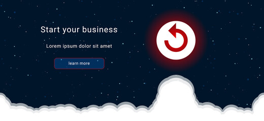 Business startup concept Landing page screen. The replay media symbol on the right is highlighted in bright red. Vector illustration on dark blue background with stars and curly clouds from below