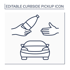 Curbside pickup line icon. Shop assistant bring bottle from hand to hand.Hand Carry orders from supermarkets. Courier delivery concept. Isolated vector illustration. Editable stroke